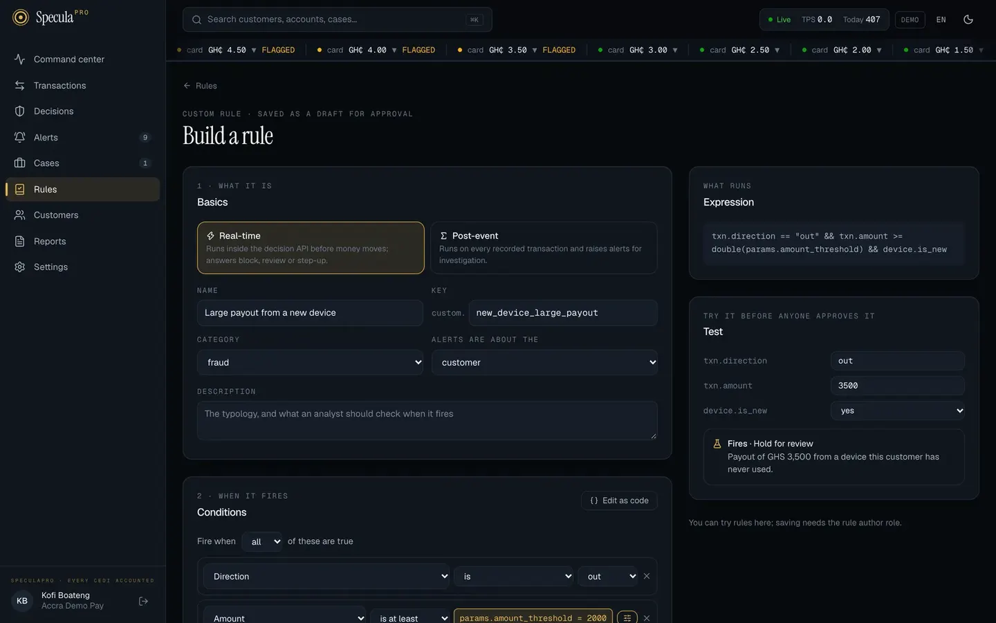 The rule builder: conditions chosen from menus, the generated expression and a test panel