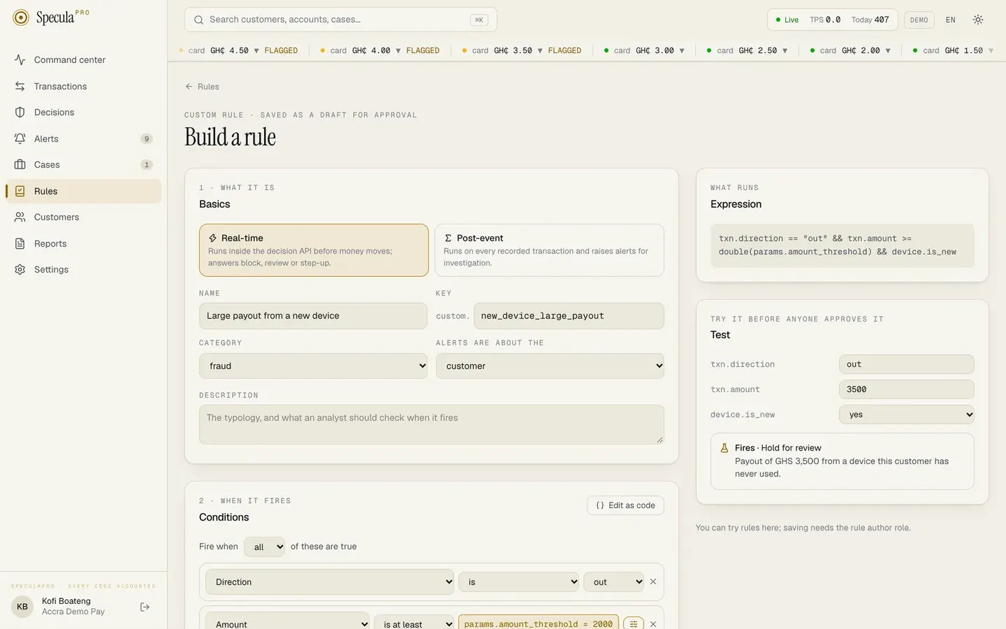 The rule builder: conditions chosen from menus, the generated expression and a test panel