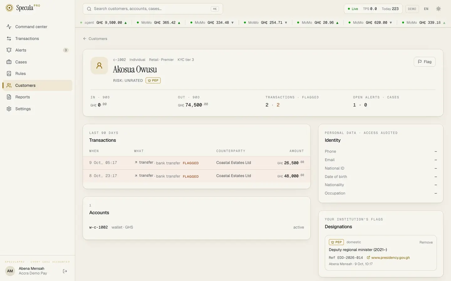 A customer profile: 90-day totals, flagged transactions, accounts, identity and designations