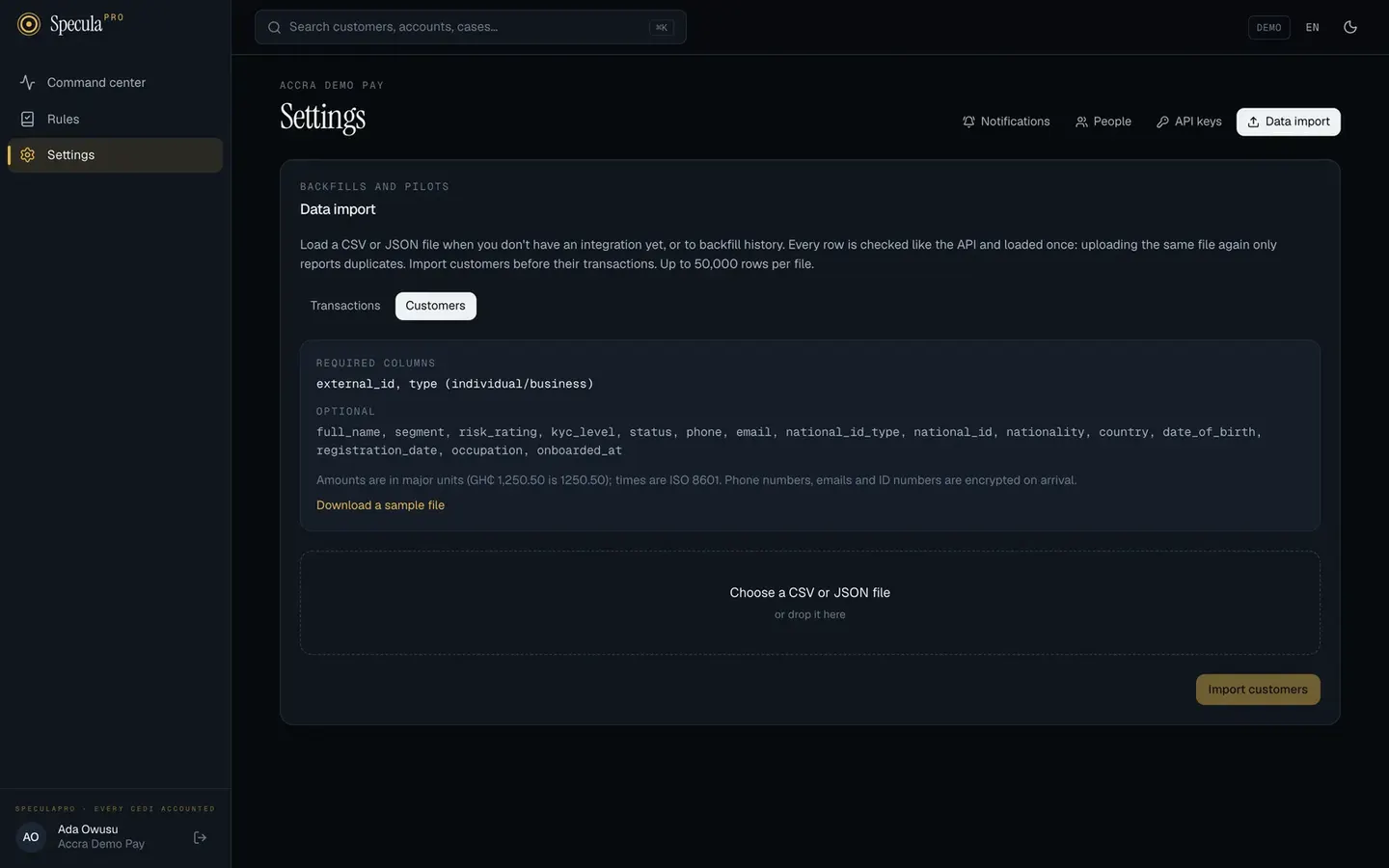Data import: required columns, a sample file and a drop zone for a CSV or JSON file