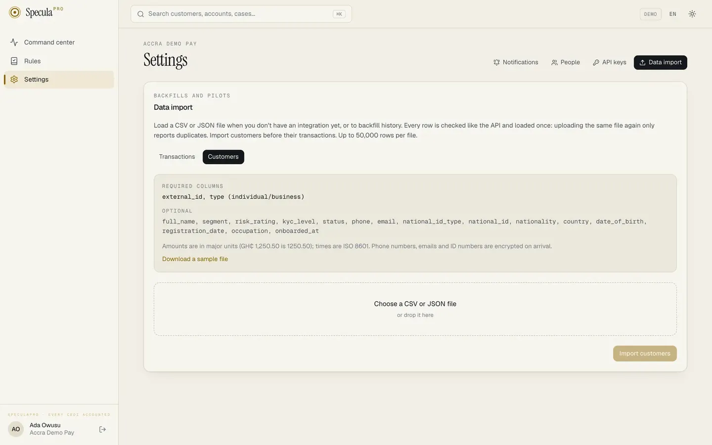 Data import: required columns, a sample file and a drop zone for a CSV or JSON file
