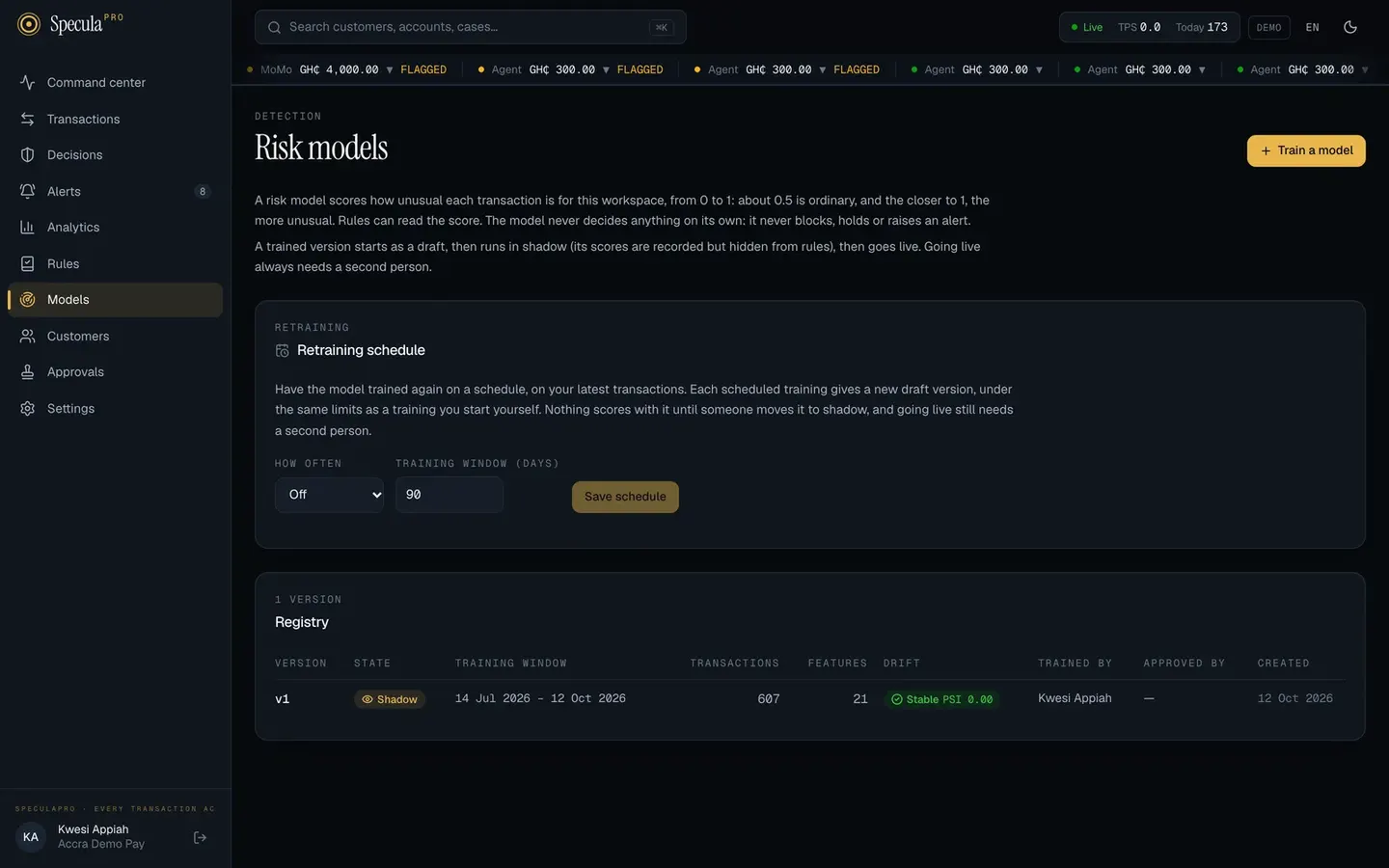 The risk models page: retraining schedule and the registry of versions with drift
