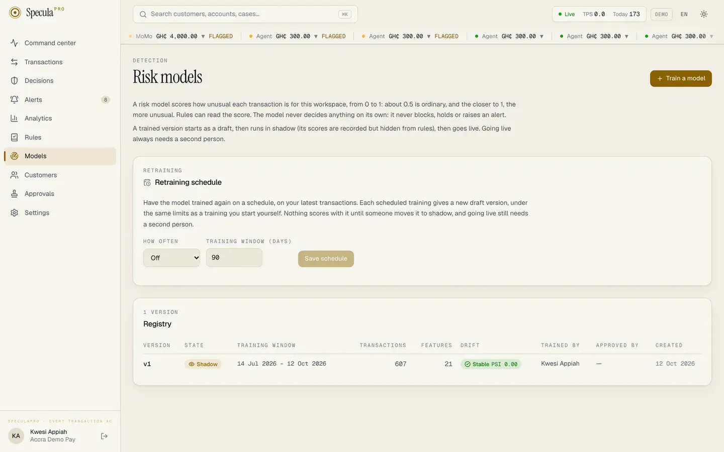 The risk models page: retraining schedule and the registry of versions with drift