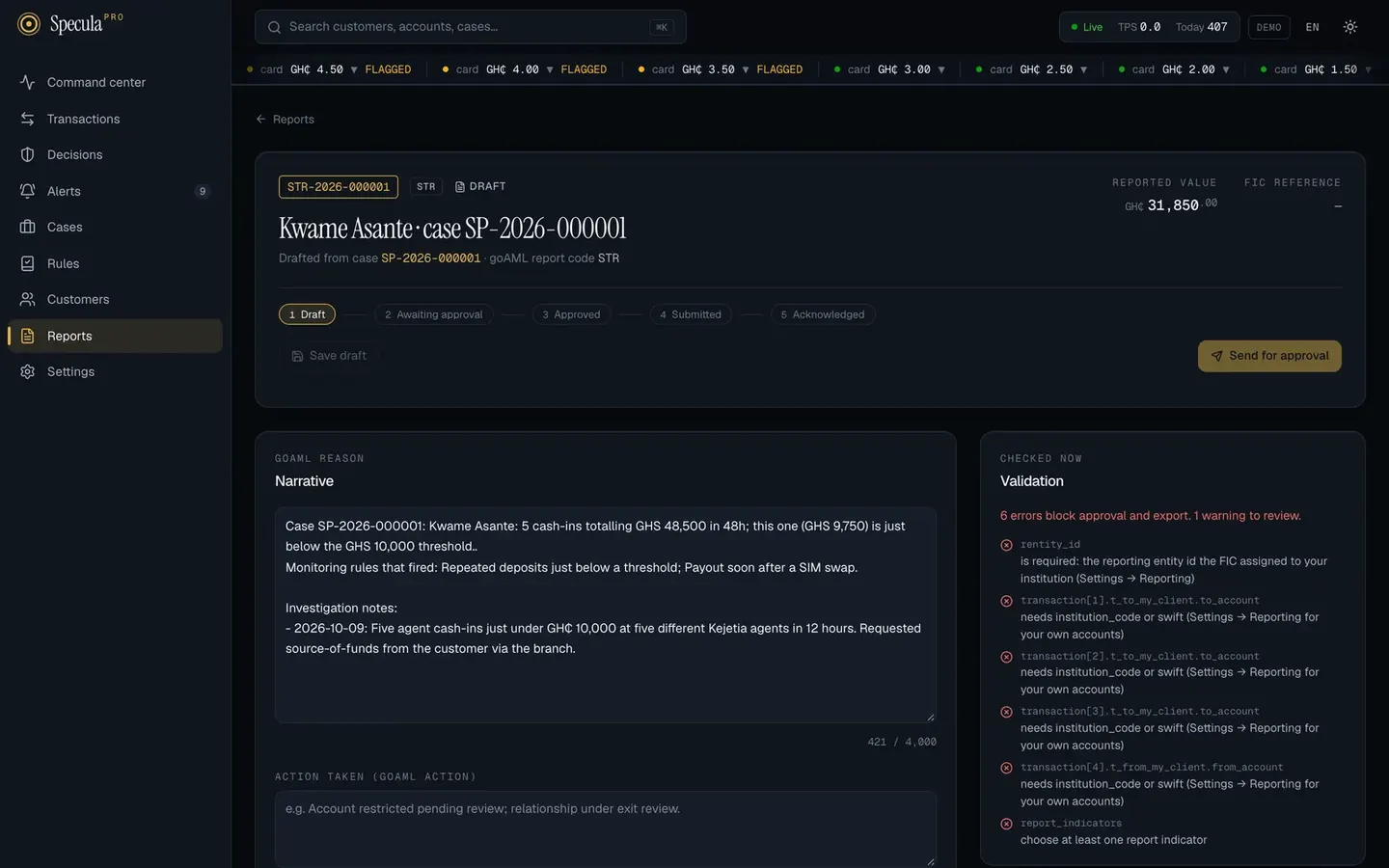 A suspicious transaction report in draft: narrative, validation panel and approval steps