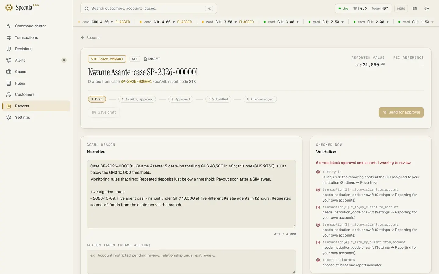 A suspicious transaction report in draft: narrative, validation panel and approval steps