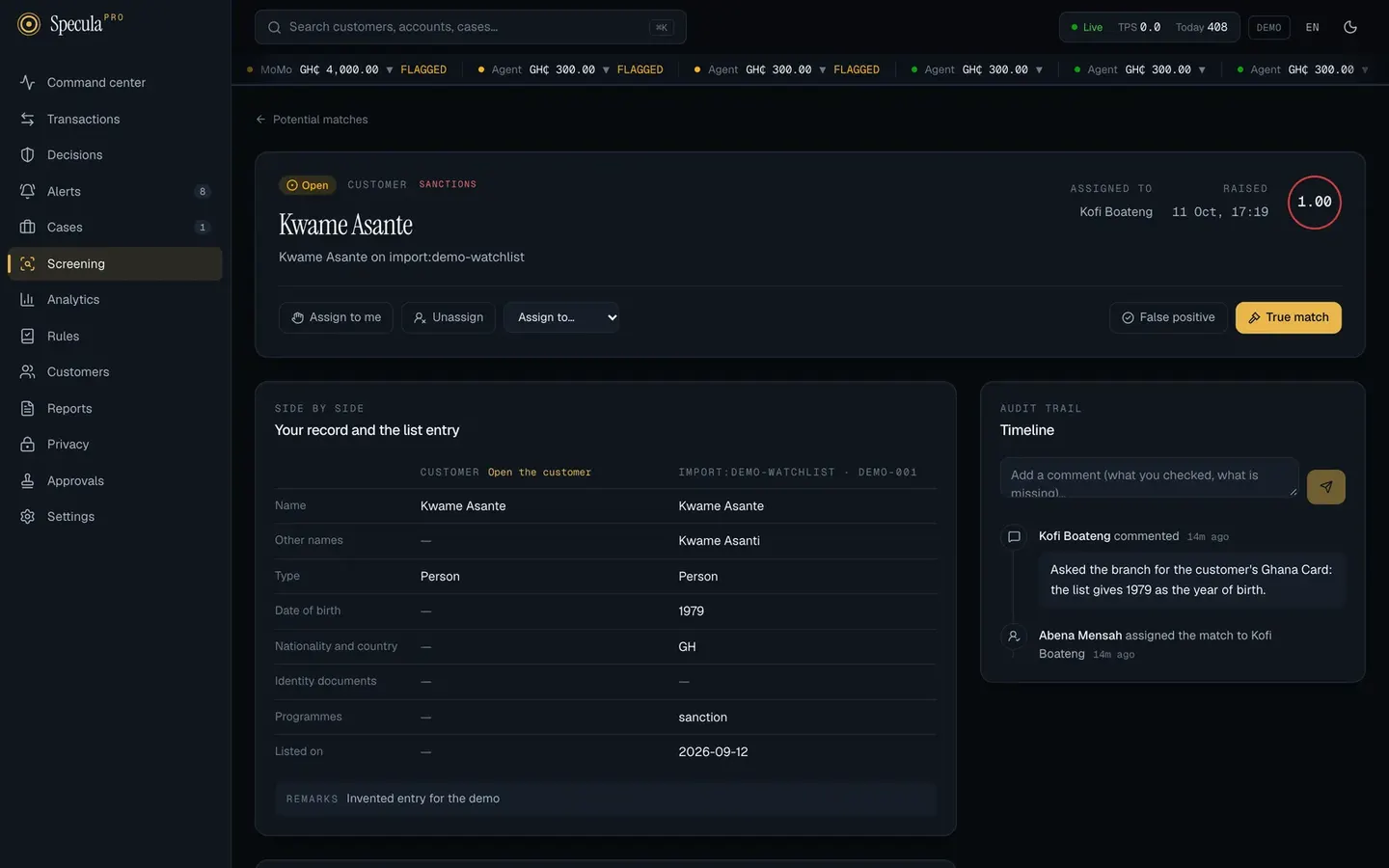 A potential sanctions match: the customer record beside the list entry, with the score explained