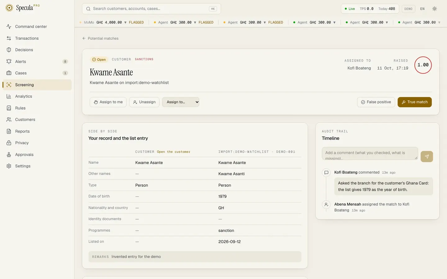 A potential sanctions match: the customer record beside the list entry, with the score explained